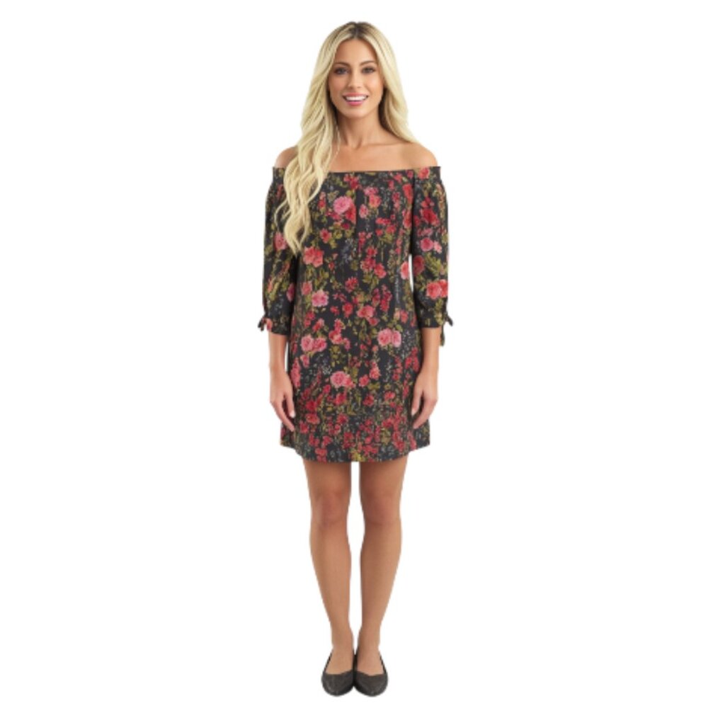 Vince Camuto Small Black Floral On Off Shoulder Mini Dress